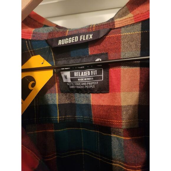 NWT Carthartt Men’s Flannel Button-Down Long Sleeve Orange Blue Shirt M - Picture 2 of 3